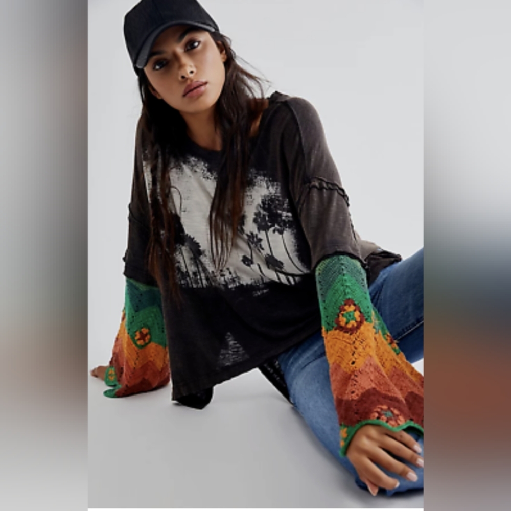 Free People So Edgy Crochet Sleeve Tee